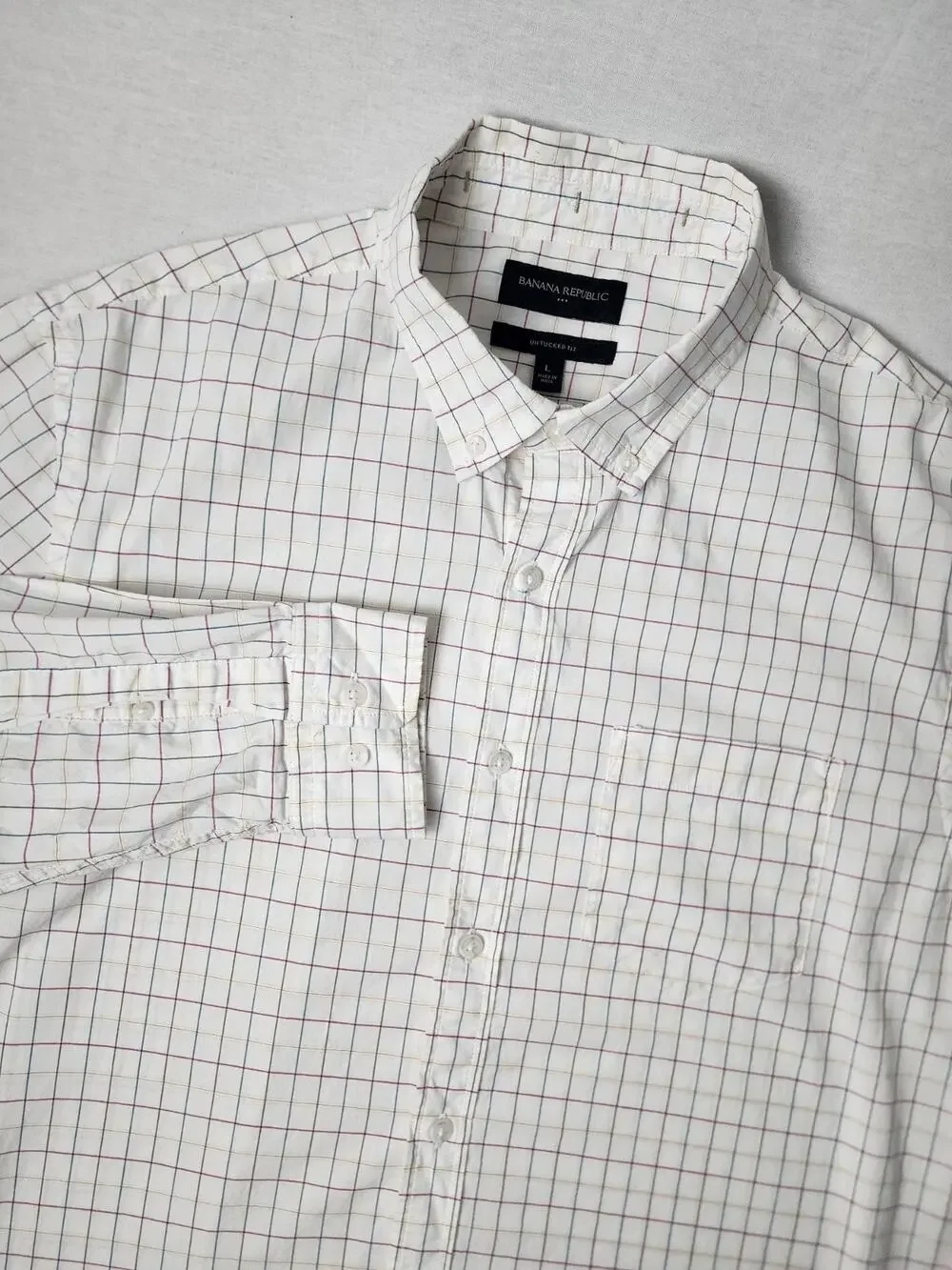 Banana Republic Mens L Untucked Fit White & Colorful Plaid Long Sleeve Shirt